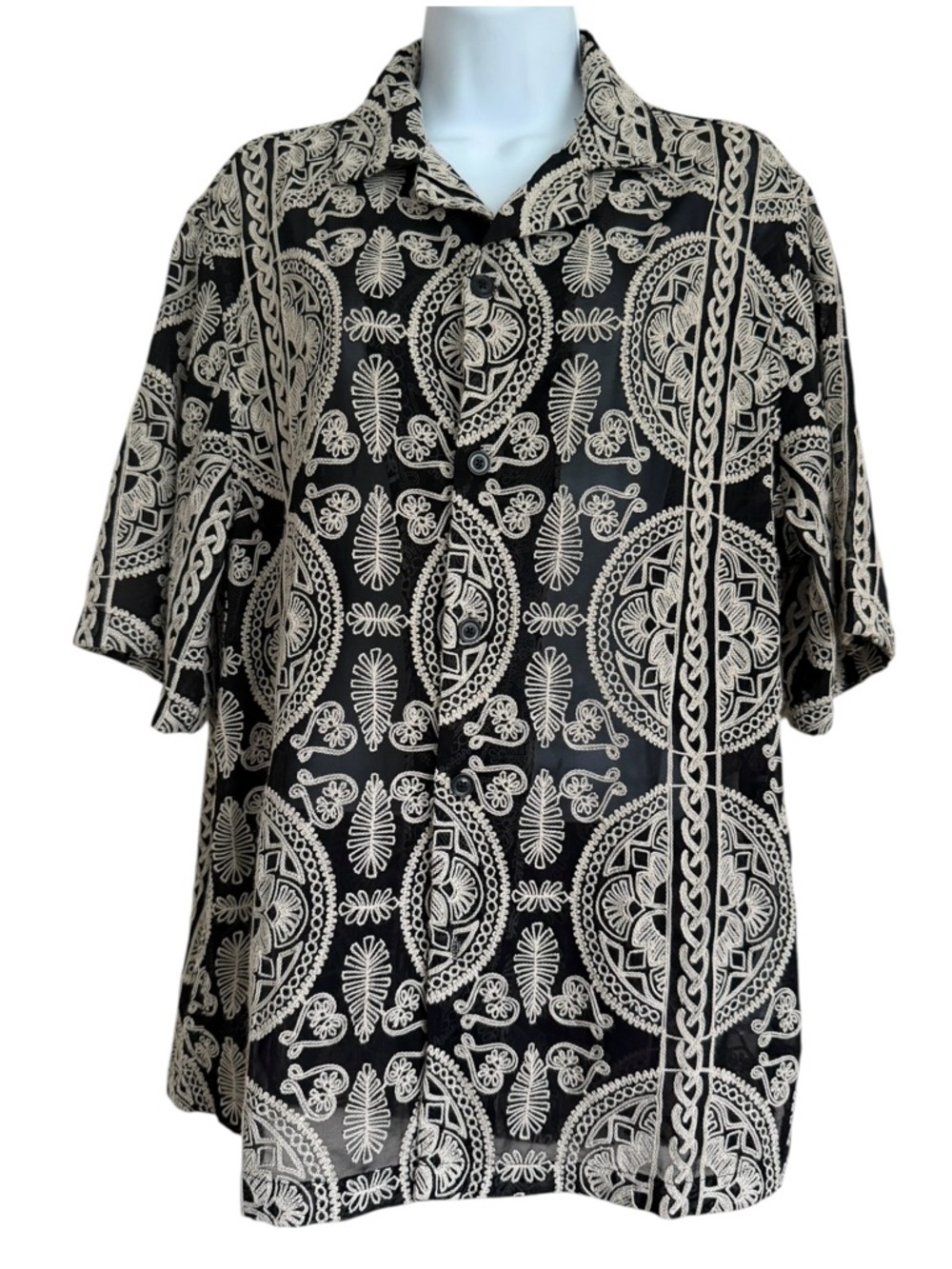 Zara Men Black Tan Embroidered Button Down Shirt Size Medium Short Sleeves
